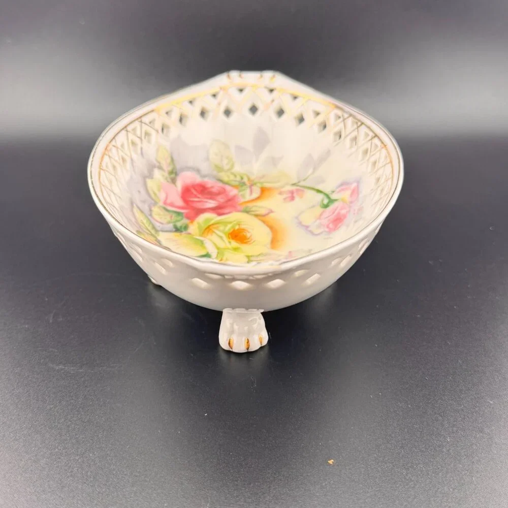 Vintage Kalk Pierced Footed Oval Bowl Porcelain Crossed Arrows Mark Roses German